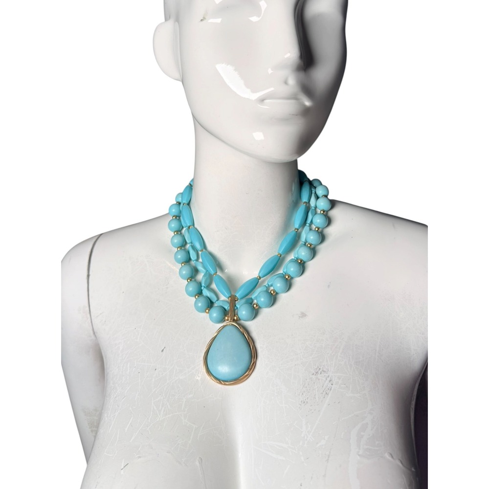 Chico's faux Turquoise Blue Beaded Triple Strand Teardrop Pendant Necklace gold - Picture 5 of 6